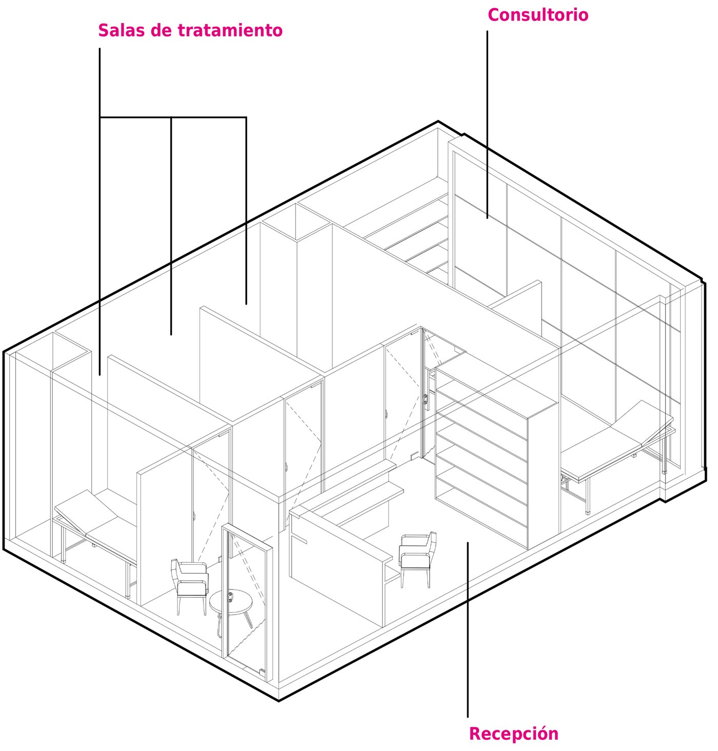 Consultorio T306 — isométrico del programa arquitectónico